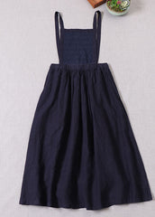 denim Blue Embroideried high waist Linen Dress Casual Outfits