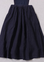 denim Blue Embroideried high waist Linen Dress Casual Outfits