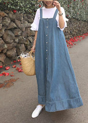 Vestidos acolchados de mezclilla azul con tirantes finos y volantes sueltos