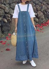 Vestidos acolchados de mezclilla azul con tirantes finos y volantes sueltos