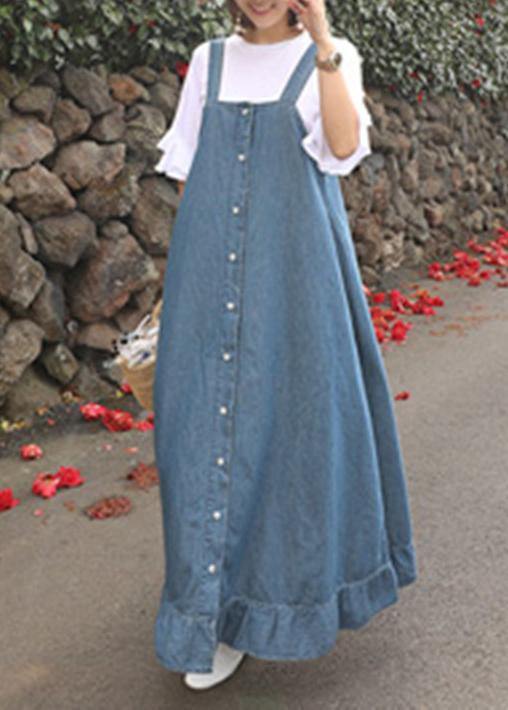 Vestidos acolchados de mezclilla azul con tirantes finos y volantes sueltos