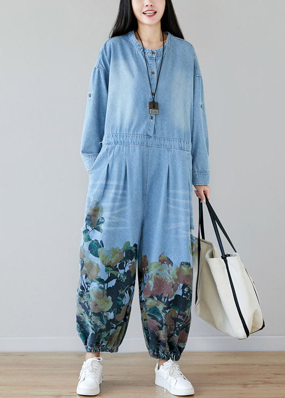 light Blue pockets O-Neck Print denim Jumpsuit