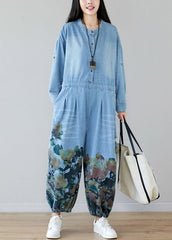 light Blue pockets O-Neck Print denim Jumpsuit