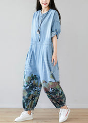 light Blue pockets O-Neck Print denim Jumpsuit