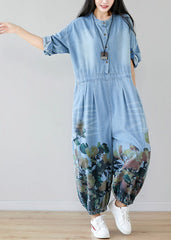 light Blue pockets O-Neck Print denim Jumpsuit