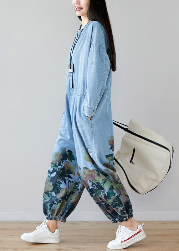 light Blue pockets O-Neck Print denim Jumpsuit