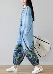 light Blue pockets O-Neck Print denim Jumpsuit