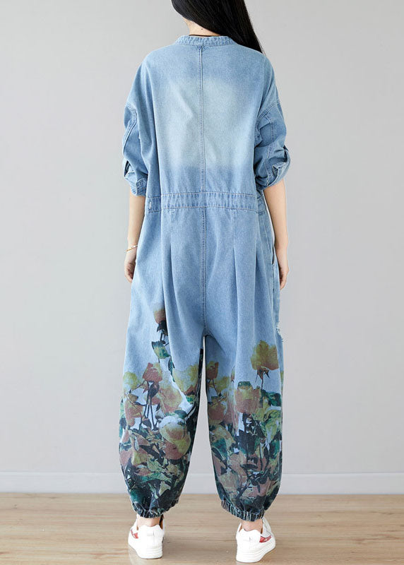 light Blue pockets O-Neck Print denim Jumpsuit