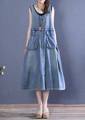 o neck pockets Cotton Tunics Tutorials denim blue Dresses