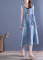 o neck pockets Cotton Tunics Tutorials denim blue Dresses