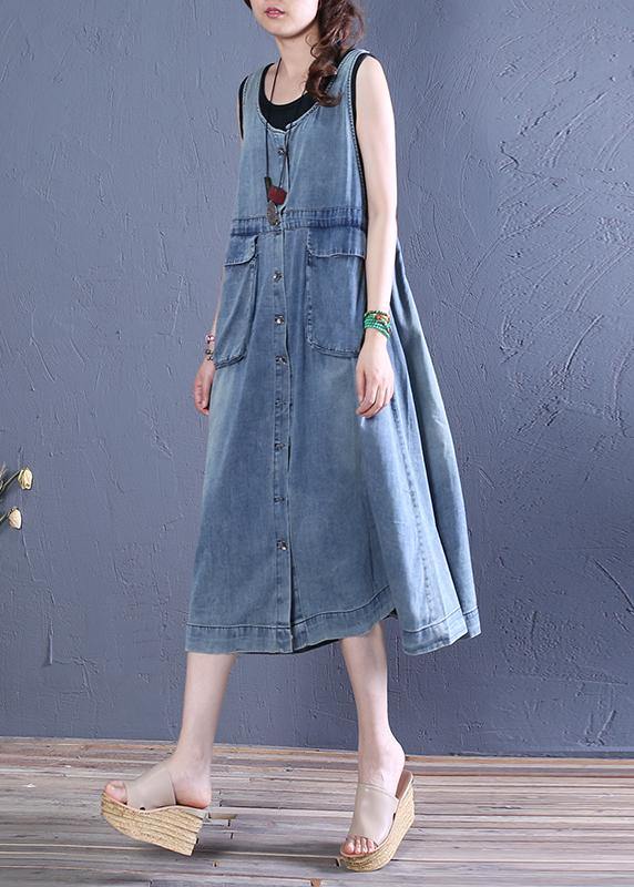 o neck pockets Cotton Tunics Tutorials denim blue Dresses