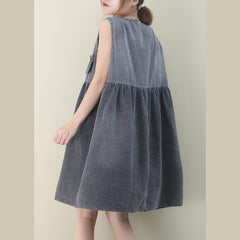 o neck Cinched Cotton dresses Fabrics denim gray Dresses