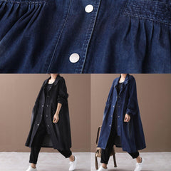 stand collar Cinched coat denim black loose outwears