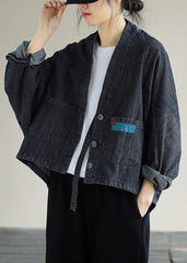 Denim Black Coats V Neck Button Down Coats