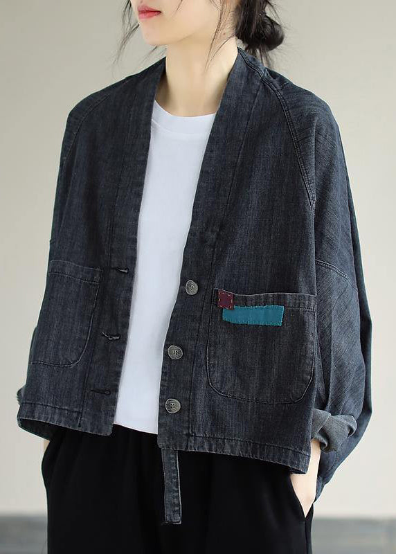 Denim Black Coats V Neck Button Down Coats