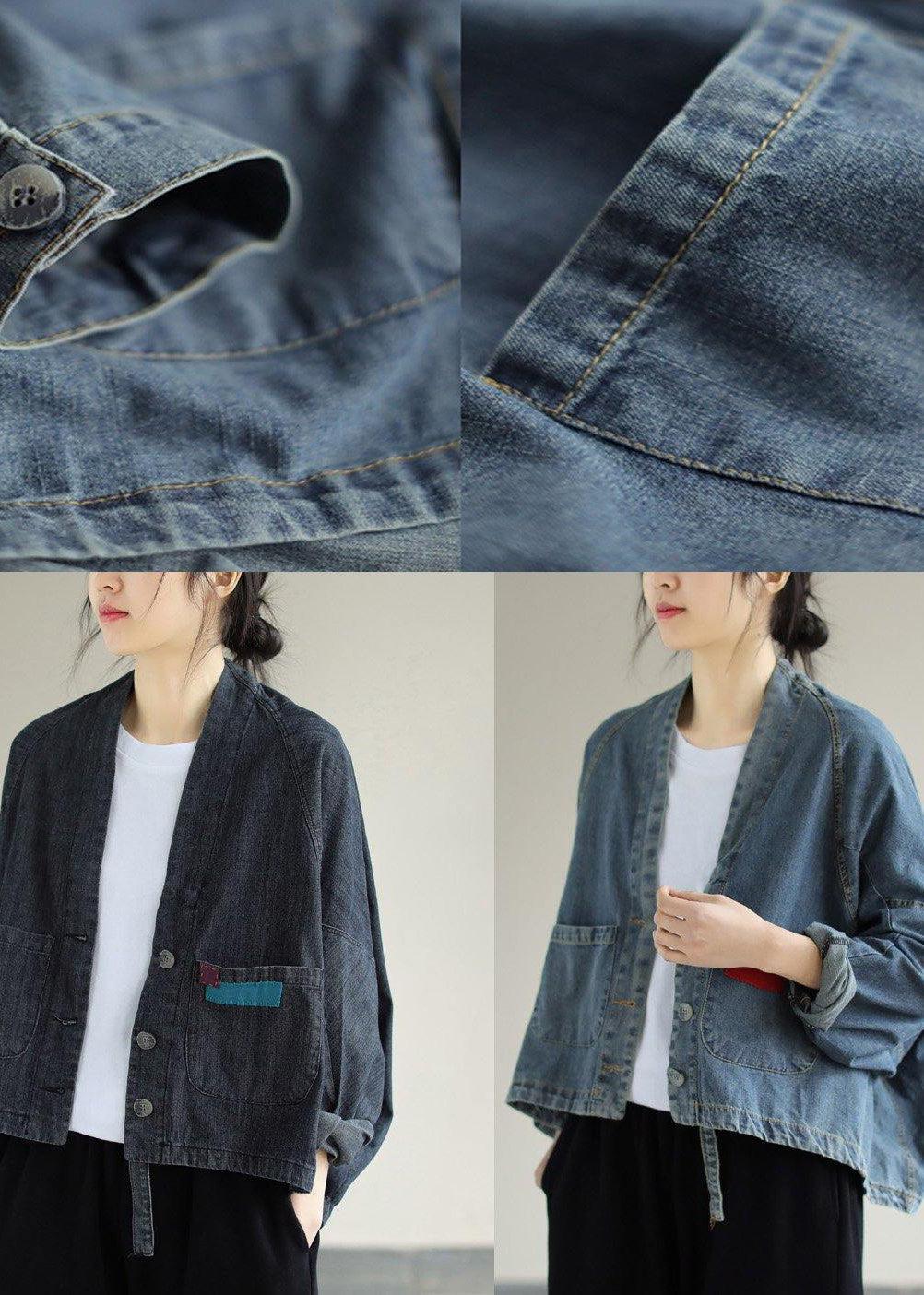 Denim Black Coats V Neck Button Down Coats