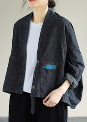 Denim Black Coats V Neck Button Down Coats