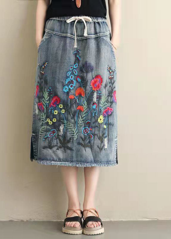 Light Blue Embroideried Pockets A-Line Denim Skirts