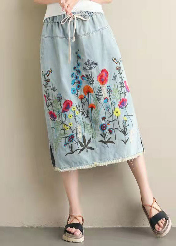 Light Blue Embroideried Pockets A-Line Denim Skirts