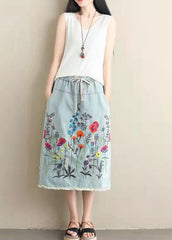 Light Blue Embroideried Pockets A-Line Denim Skirts