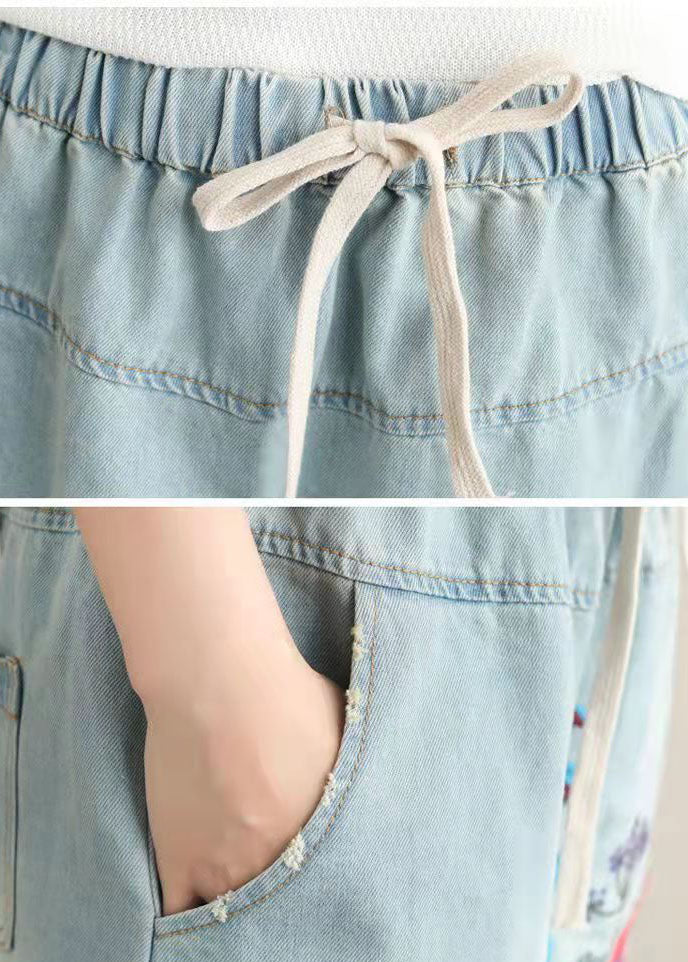 Light Blue Embroideried Pockets A-Line Denim Skirts