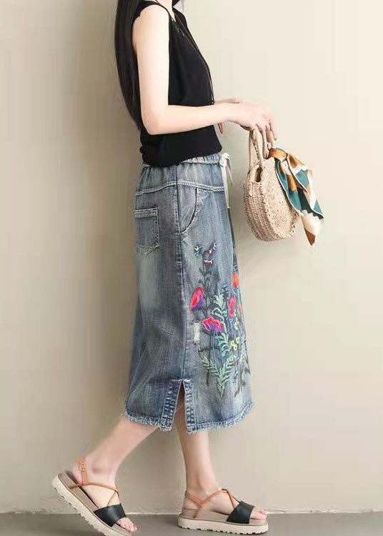 Light Blue Embroideried Pockets A-Line Denim Skirts