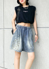 Women's loose straight denim blue shorts large size thin section rivet hole five-point pants