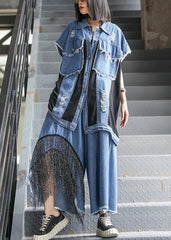 Sold Out- trendy large size thin western denim blue Vest wide leg pants two-piece suit