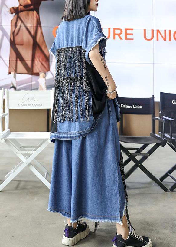 Sold Out- trendy large size thin western denim blue Vest wide leg pants two-piece suit