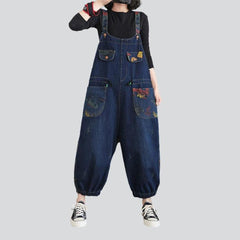 Women denim overall with drawstrings