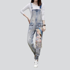 Women head embroidery denim jumpsuit