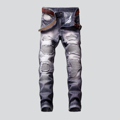 Wrinkled patchwork grey men jeans