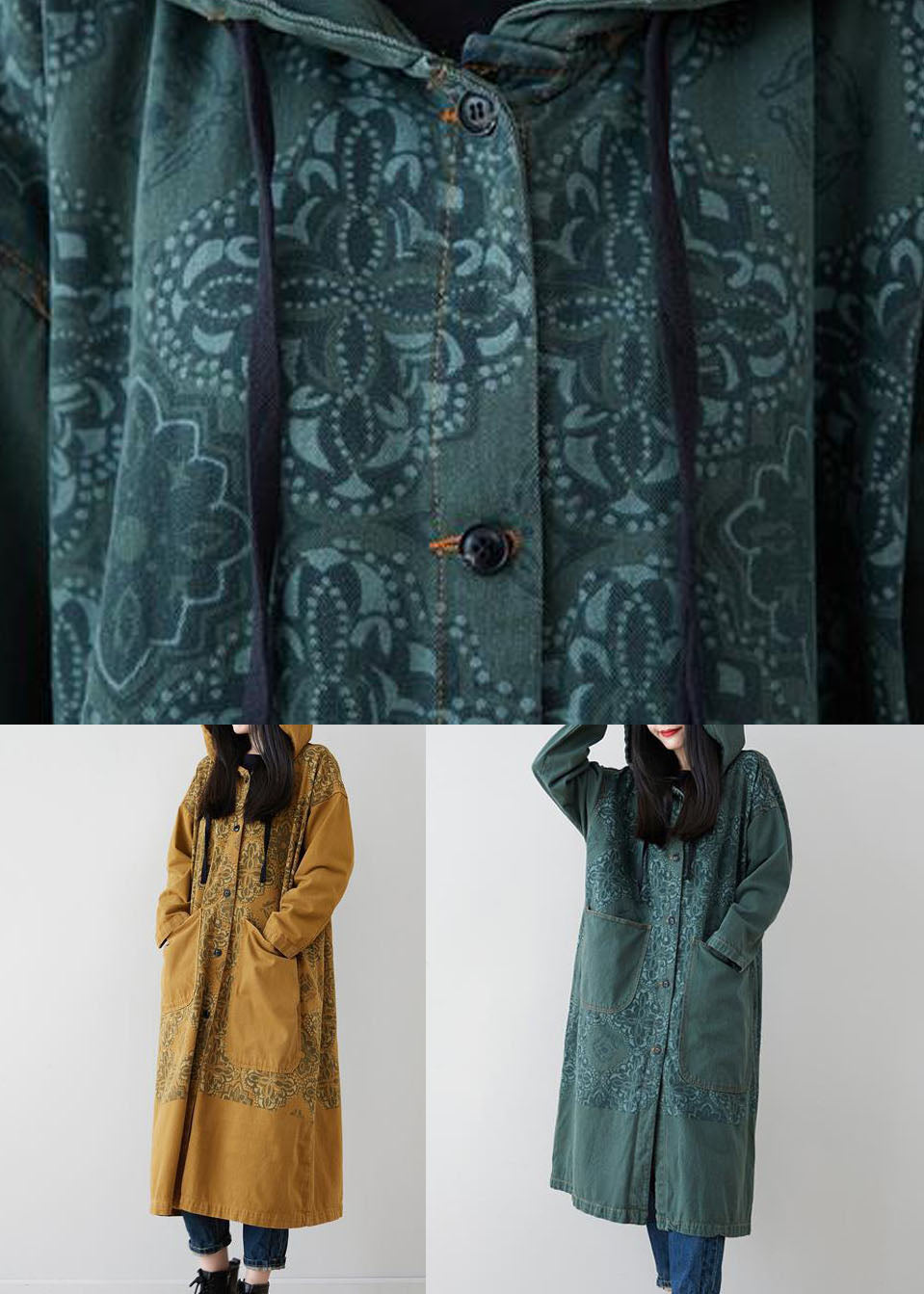 Gelber langer Denim-Mantel mit Kapuze und Patchwork-Print