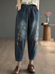 Casual Loose Embroidered Elasticity Harem Denim Pants