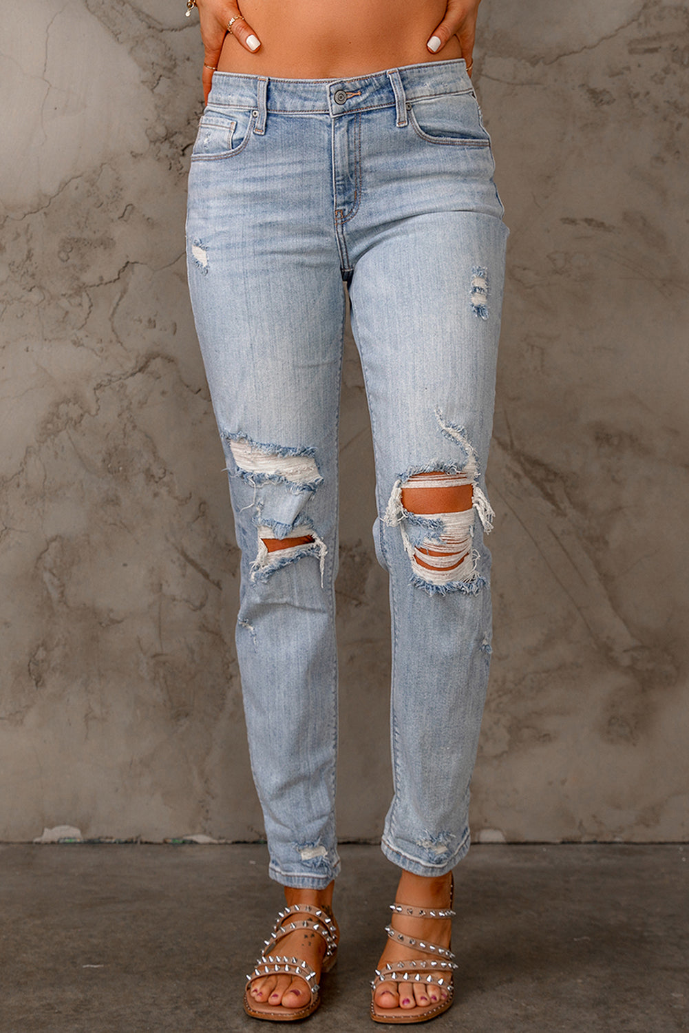 Baeful – Gerade geschnittene Distressed-Jeans mit Taschen