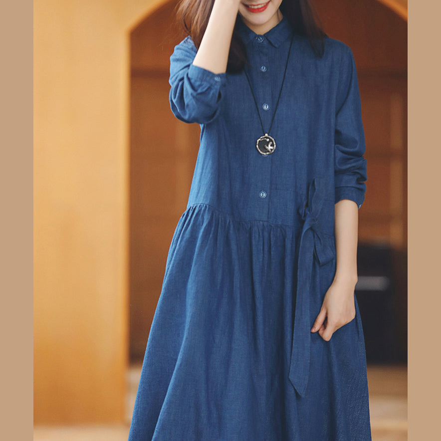 baggy denim blue long cotton linen dresses casual Turn-down Collar tie waist traveling dress fine long sleeve baggy dresses