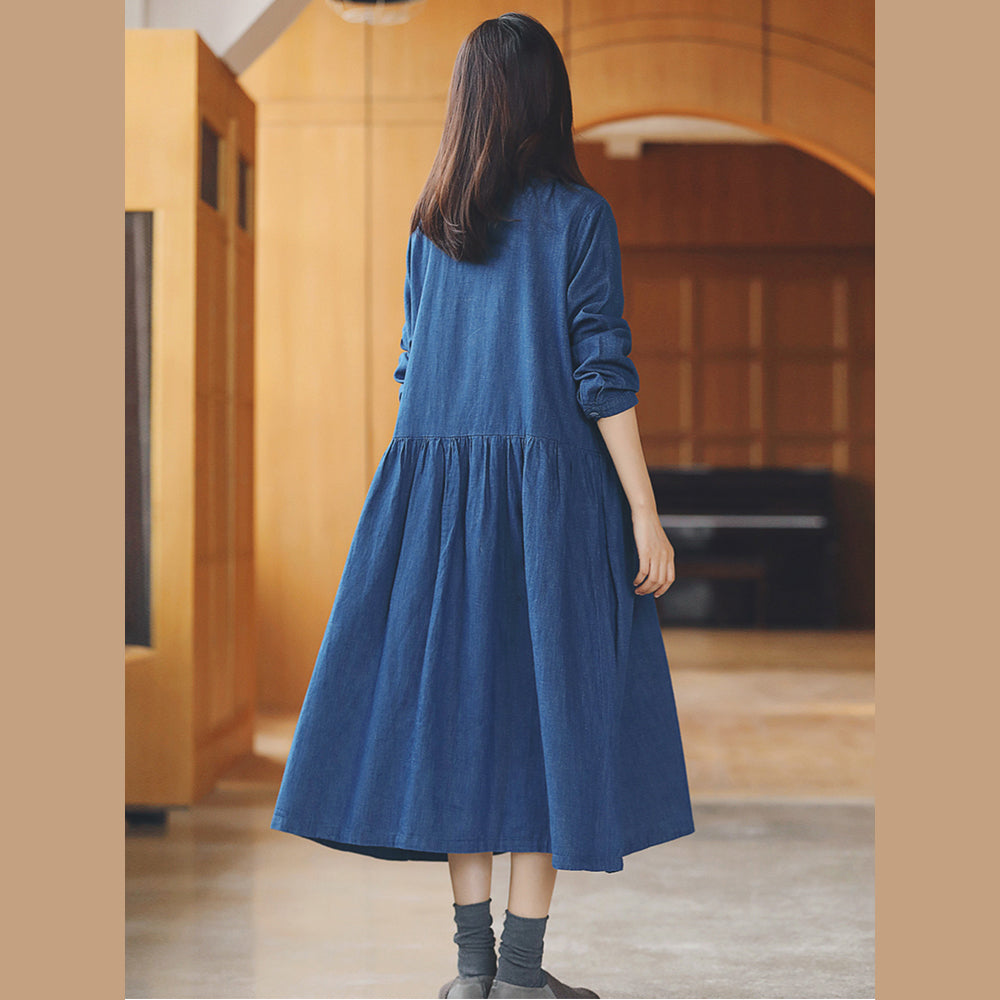 baggy denim blue long cotton linen dresses casual Turn-down Collar tie Rae Jeans baggy denim blue long cotton linen dresses casual Turn-down Collar tie Rae Jeans
