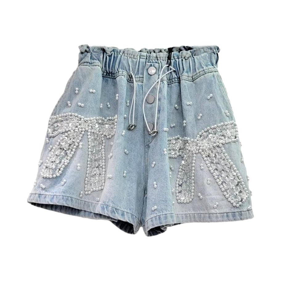 Pearl ornament embellished denim shorts