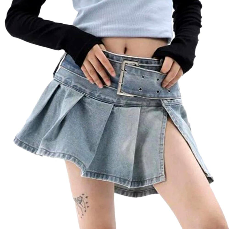 Ultra mini pleated denim skirt  - Light Blue