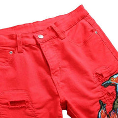 Embroidered ripped men red jeans