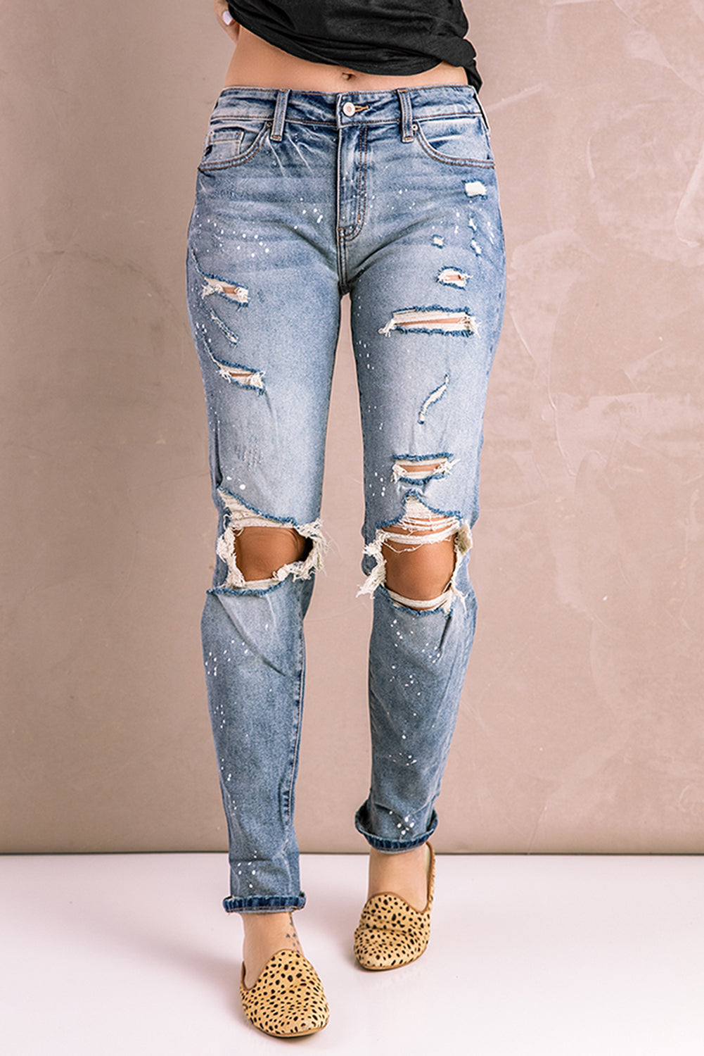 Baeful Splatter Distressed Acid Wash Jeans mit Taschen