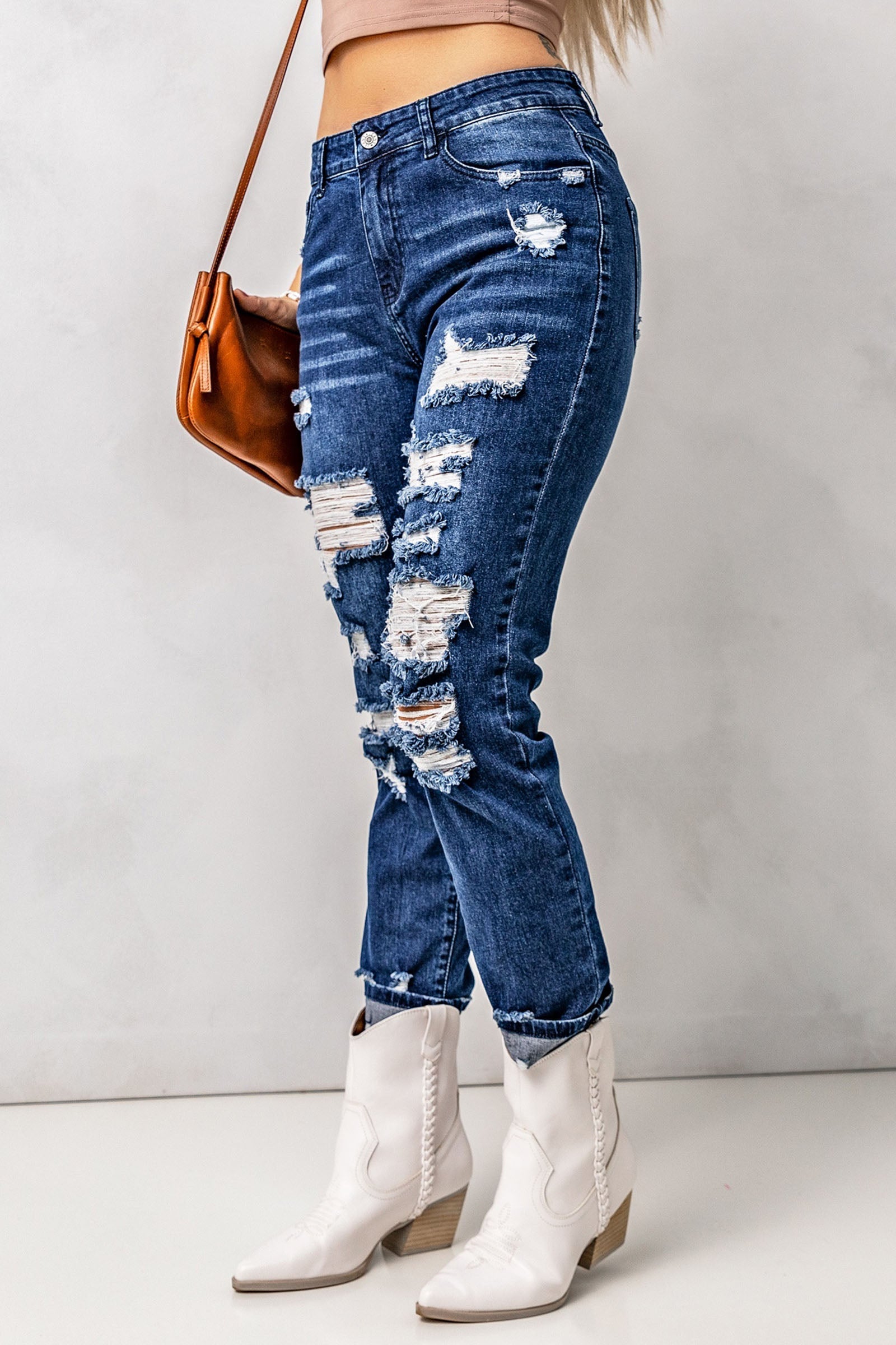 Baeful – Distressed-Jeans mit hoher Taille und Taschen