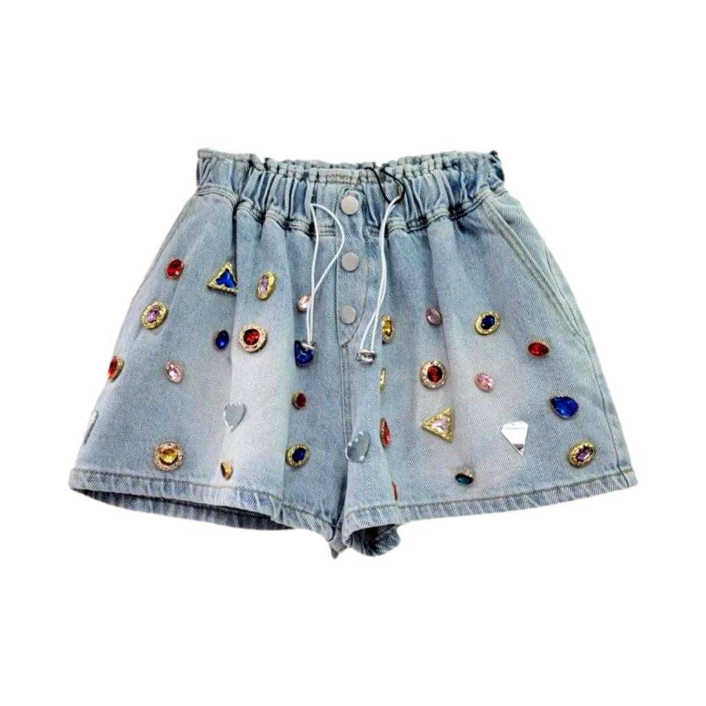 Multi-color rhinestone denim shorts