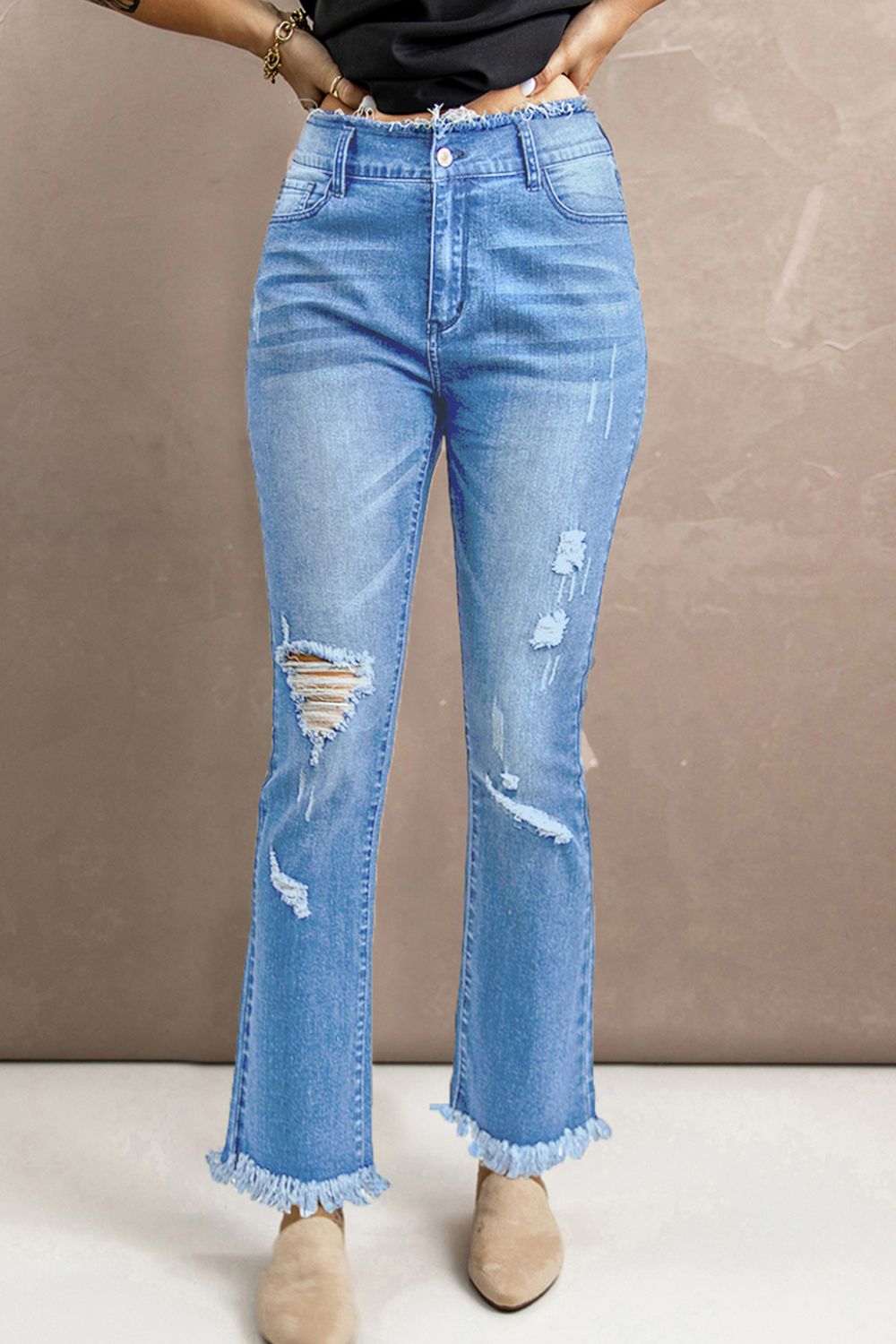 Baeful – Jeans mit hoher Taille und ungesäumtem Saum im Used-Look