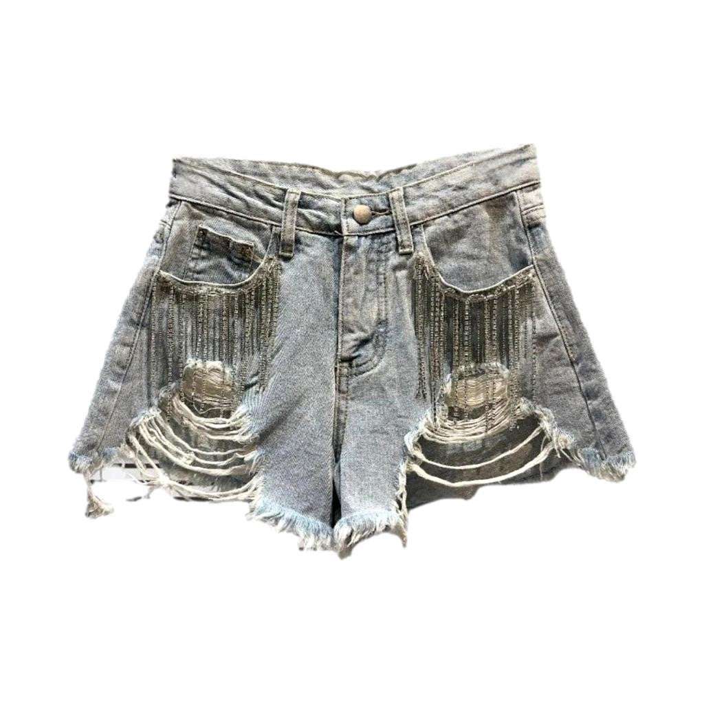 Fringe pocket distressed denim shorts