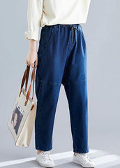 denim blue vintage pants elastic waist patchwork trousers