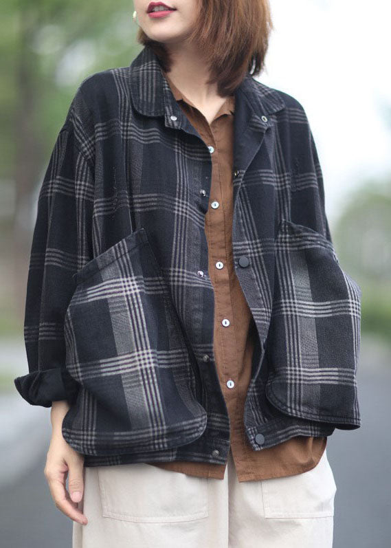 diy Black Peter Pan Collar Pockets Plaid denim Coats