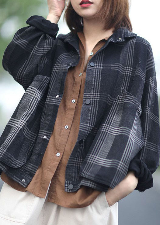 diy Black Peter Pan Collar Pockets Plaid denim Coats