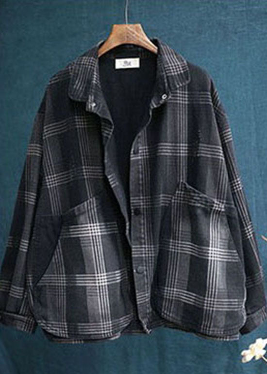 diy Black Peter Pan Collar Pockets Plaid denim Coats