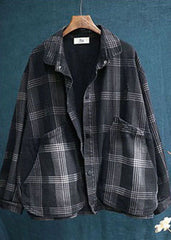 diy Black Peter Pan Collar Pockets Plaid denim Coats